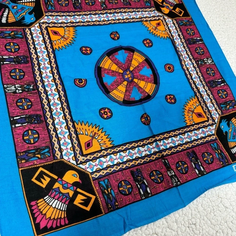 Vtg Bandana Aztec Southwestern Tribal 20 x 19.5 Handkerchief teal USA RN 13960